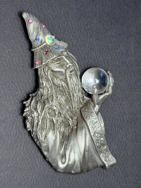 Vintage Wizard Crystal Ball Brooch JJ Jonette Vintage Costume Jewelry Sorcerer